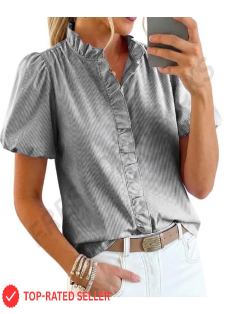 Womens Cotton Blend Striped Button Down Shirt Puff Sleeve Ruffle Collar Blouse